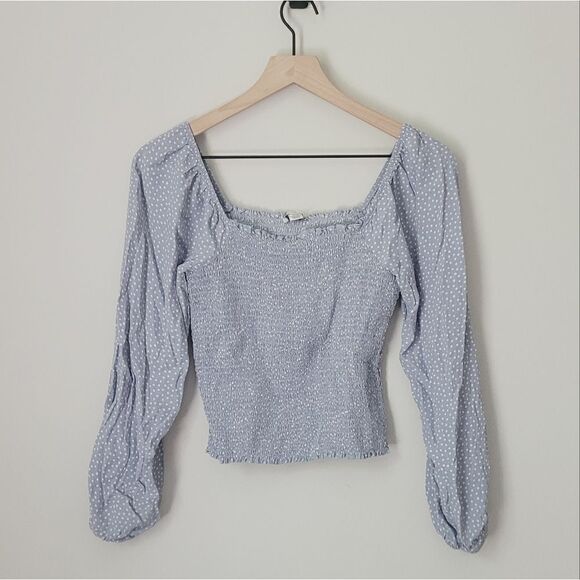 American Eagle Smocked Light Blue Polka Dot Long Sleeve Size Medium - Picture 1 of 5